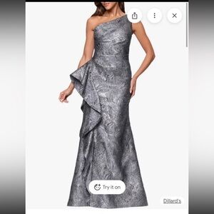 NWT Xscape Metallic purple bluish silver One-Shoulder Evening Gown sz 4